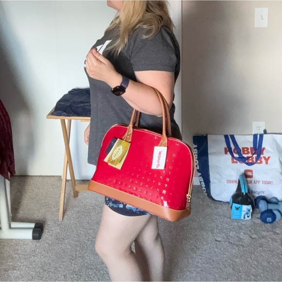 Arcadia Glossy Red and Tan Satchel - Picture 8 of 8